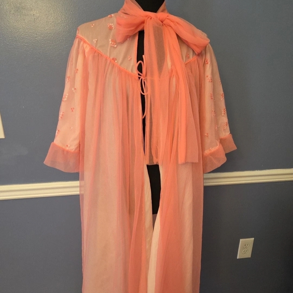 Vtg 50s Coral Sheer Nylon Hollywood Glam Peignoir Dressing Robe w Scarf Size 14